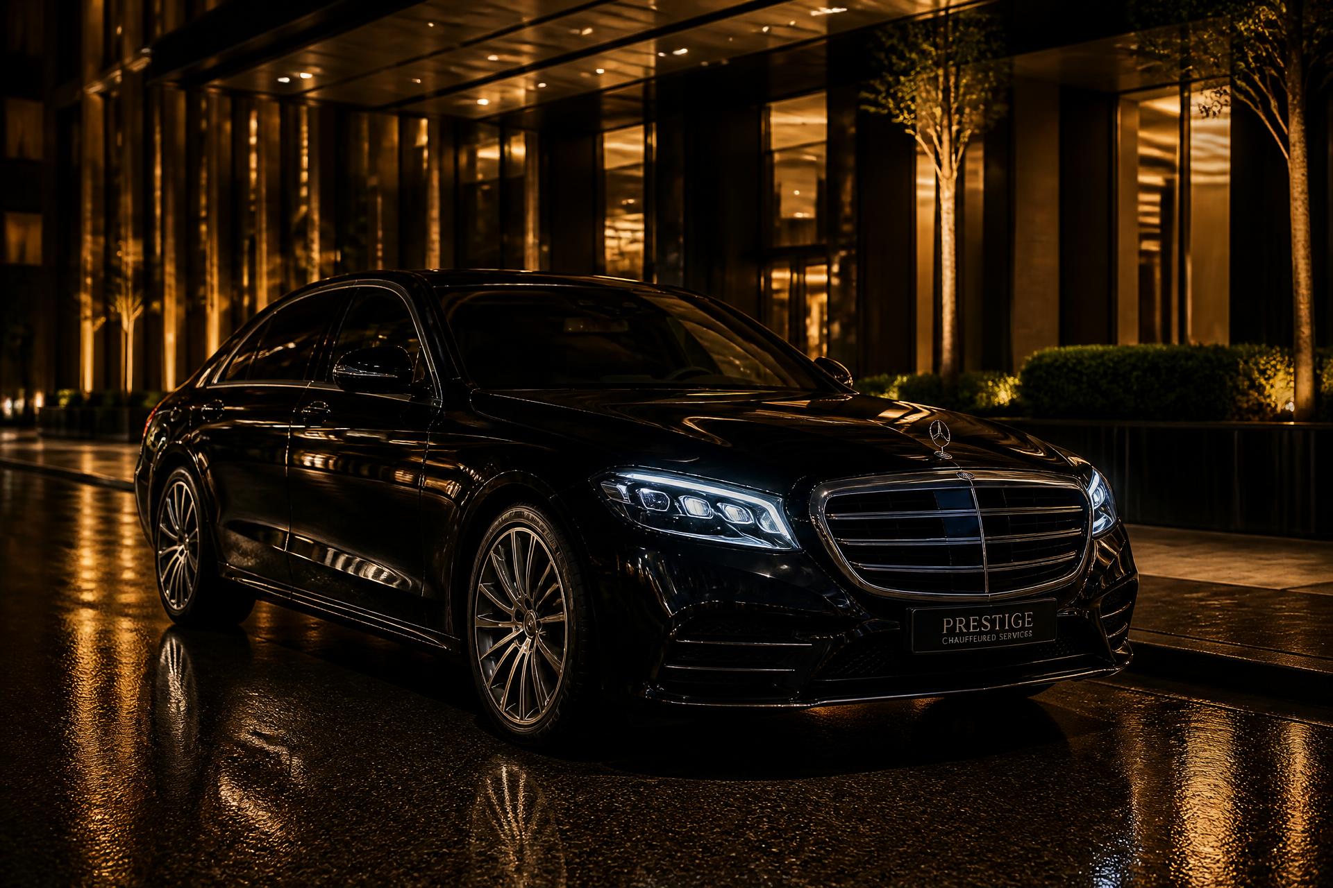Berline noire premium EDEN DRIVE VTC devant un hôtel de luxe